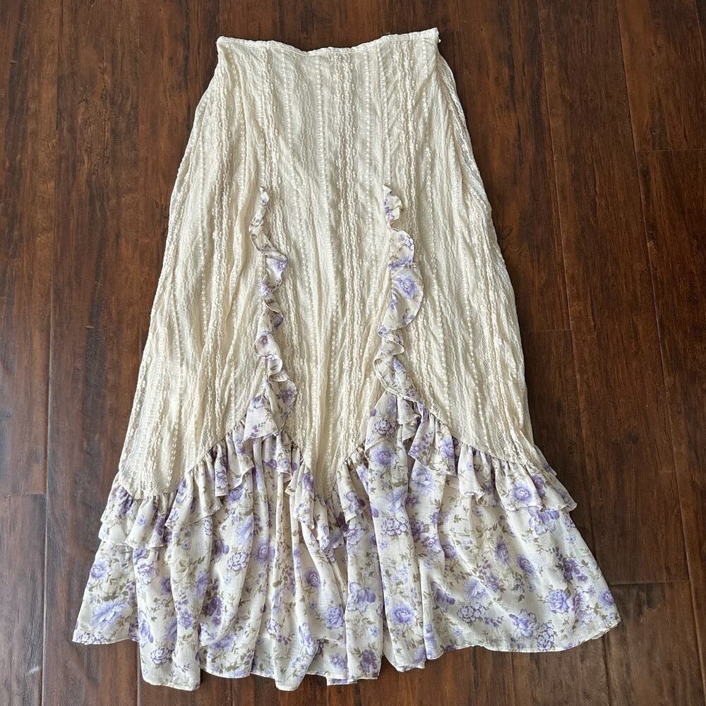 FREE PEOPLE Now & Then Maxi Skirt Cream Floral Lace Ruffled Cottagecore - Picture 5 of 15